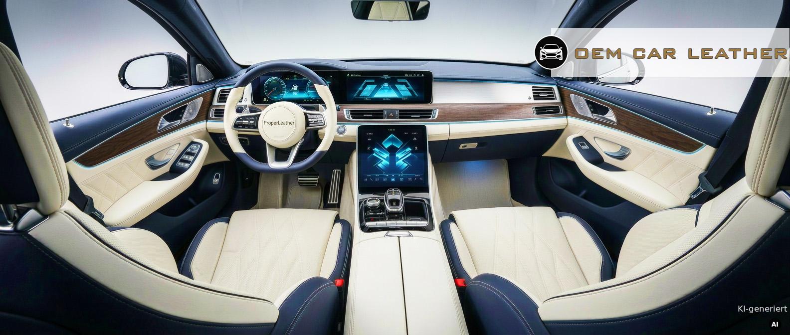 Modern luxury car dashboard and seats featuring premium OEM bicolor leather upholstery in cream and navy blue.