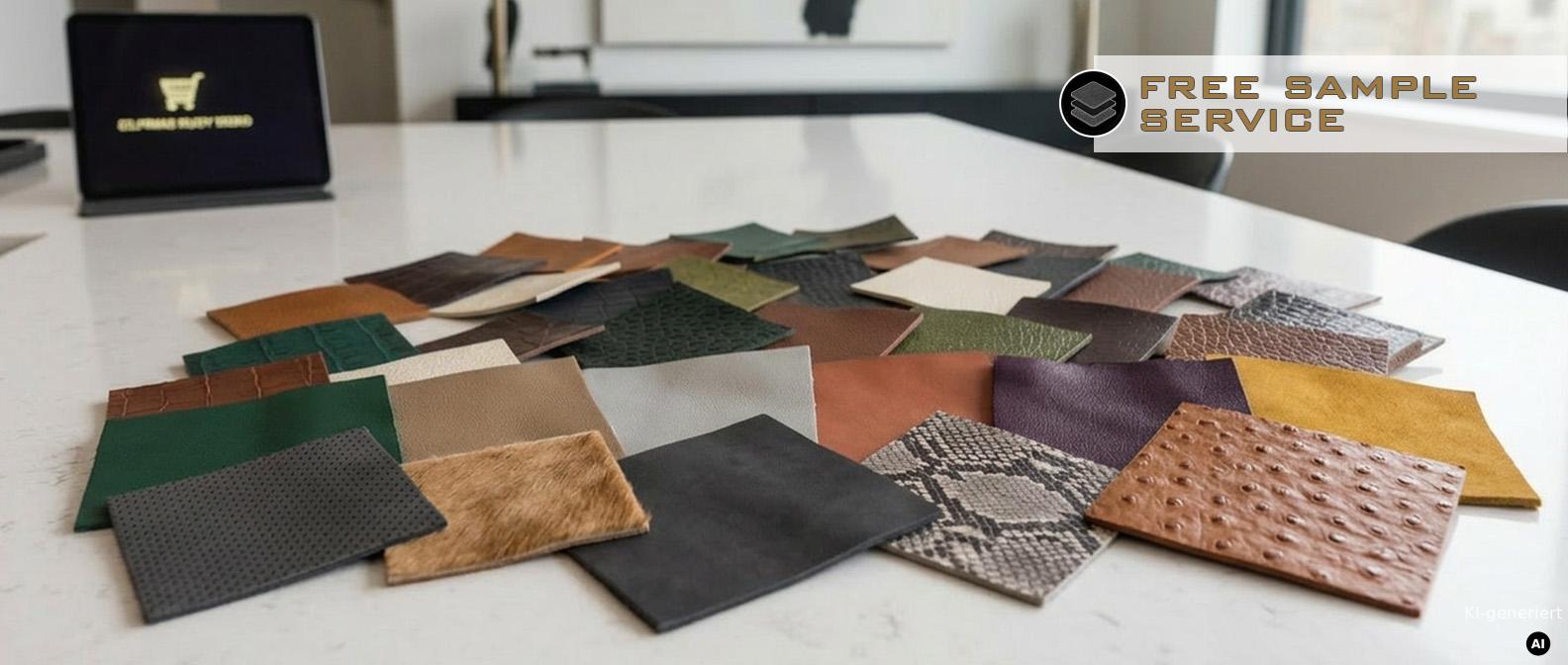 Array of genuine leather swatches showing different textures and colors for professional interior projects.