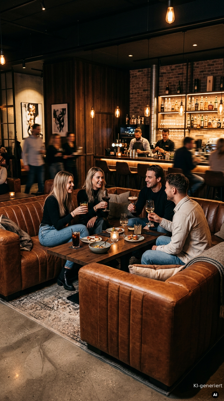 Gemuetliche Restaurant Lounge mit einer exklusiven Sitzecke aus cognacfarbenem Gastronomieleder im Chesterfield Design