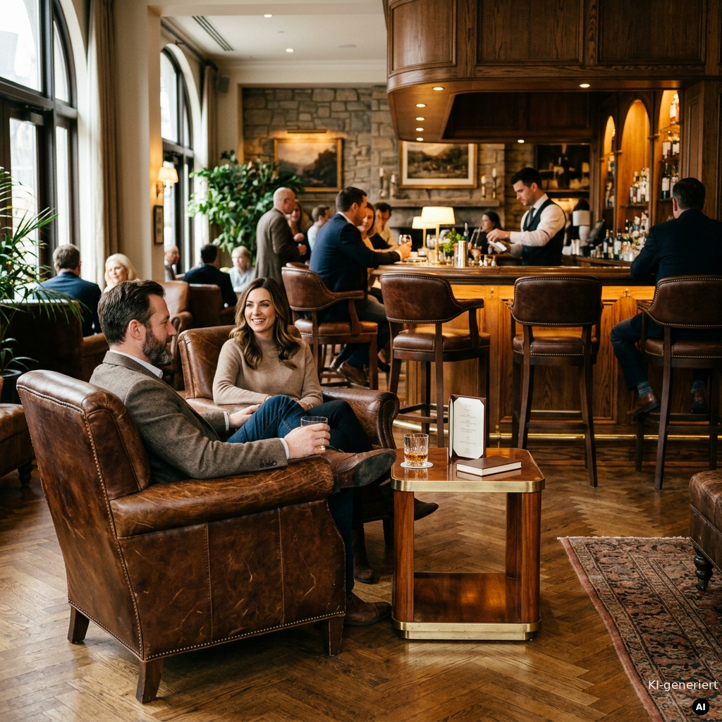 Strapazierfaehiges Gastronomieleder fuer Hotellobbys und Bars Klassische Hotellobby mit eleganten Barhockern an der Holzbar und gemuetlichen Clubsesseln aus braunem Objektleder