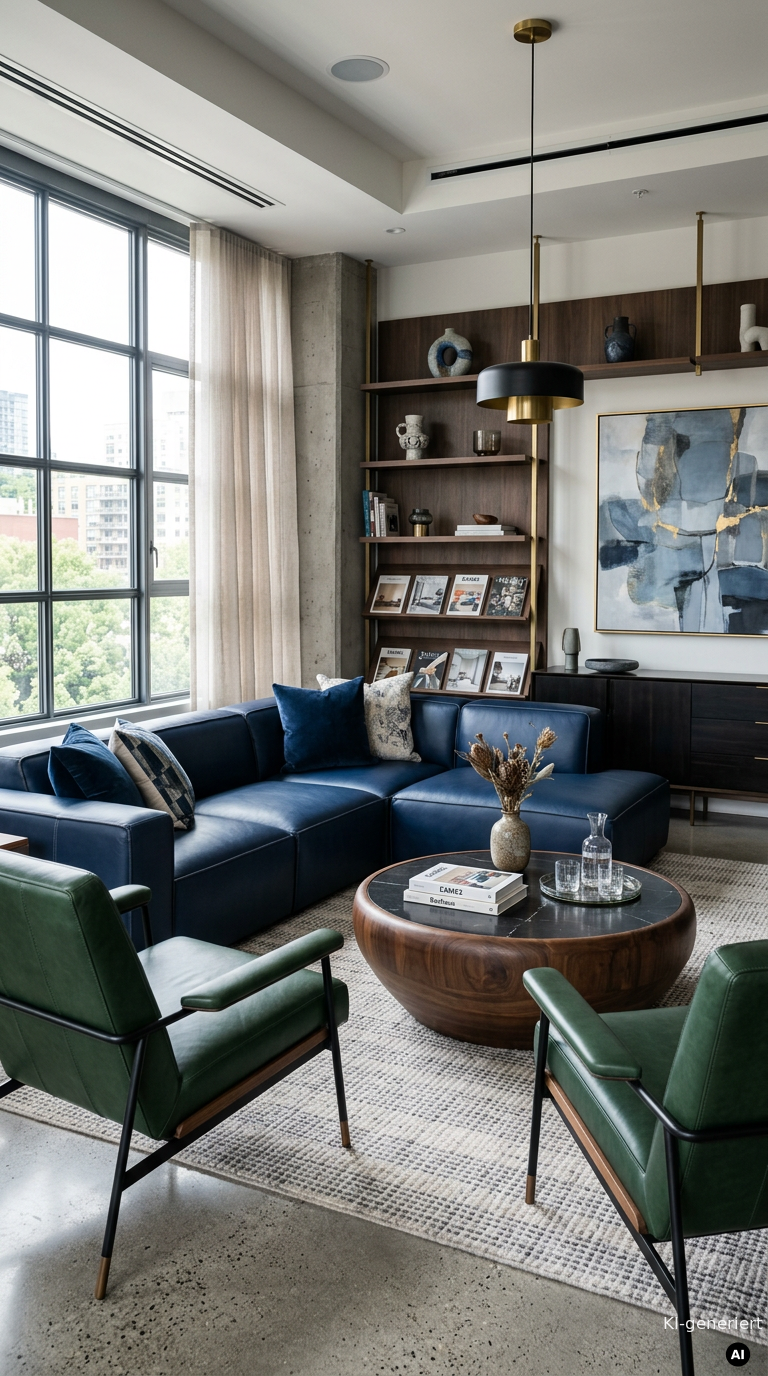 Modernes Loft Wohnzimmer mit einem eleganten Ecksofa aus blauem Polsterleder und Design Sessel in Waldgruen