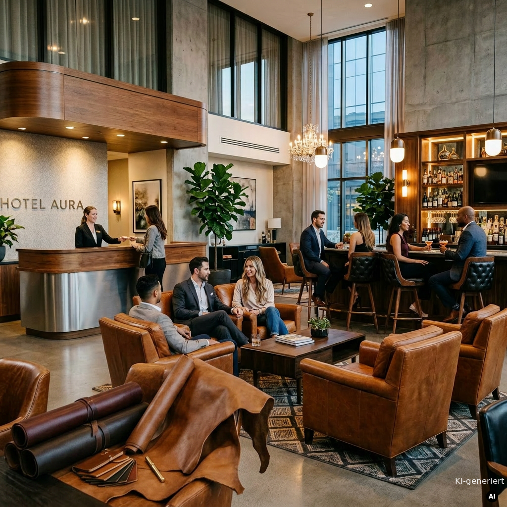 Hochwertiges Gastronomieleder fuer Hotels aussuchen Exklusive Hotellobby mit einer Auswahl an offenen und gerollten Echtlederhaeuten sowie Farbmustern fuer Polstermoebel im Vordergrund