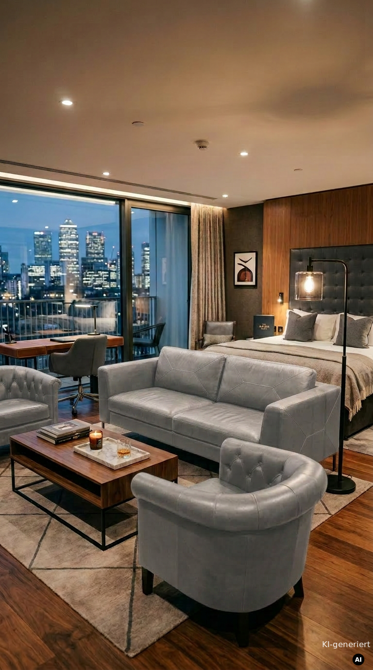 Leder fuer hochwertige Hoteleinrichtungen und Suiten Exklusive Hotel Suite mit einer modernen Sitzecke aus hellgrauem Objektleder und Blick auf die Skyline bei Nacht