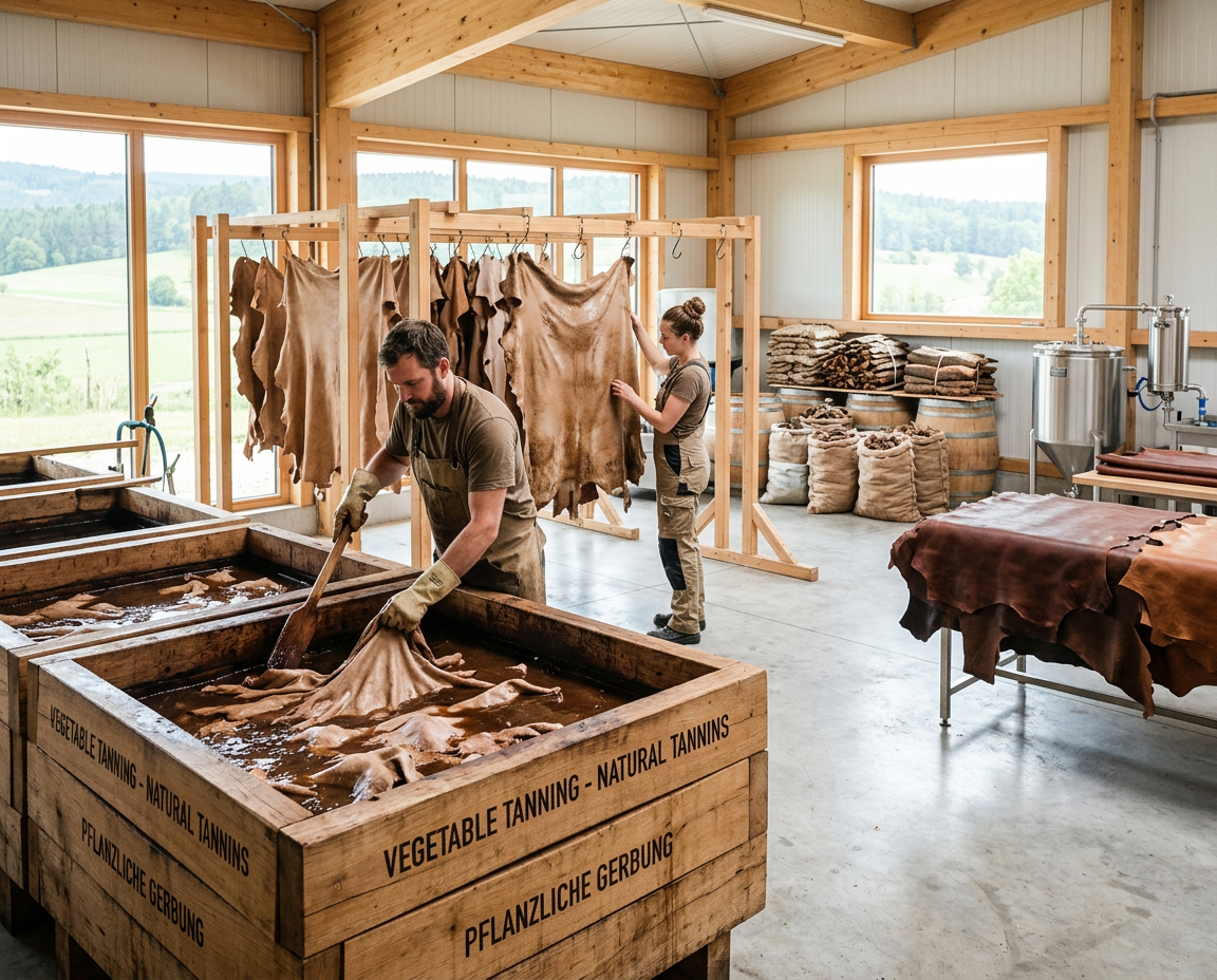 Sustainable Leather Production: Modern small tannery specializing in natural vegetable tanning for eco-friendly hides. Small modern tannery using vegetable tanning: Artisans processing animal hides with natural tannins in wooden vats.