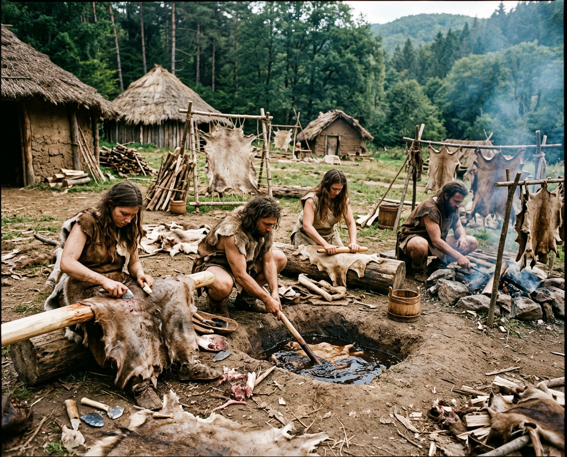 Stone Age leather production: Ancient tanning of animal hides using traditional prehistoric methods.