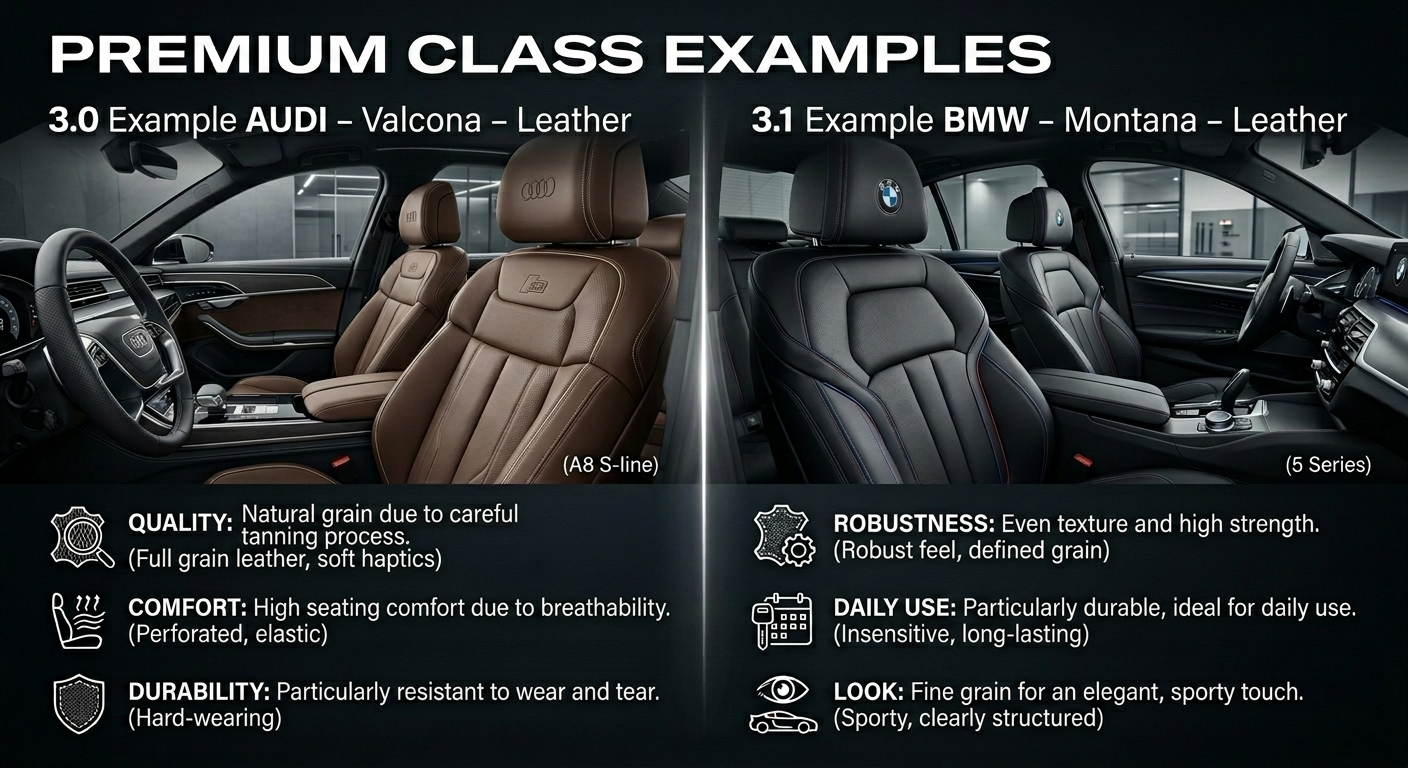 Exclusive Automotive Leather: Examples of Audi, Porsche, Mercedes and BMW leather for High-End Interiors. Showcase of premium car interiors: Examples of high-quality Audi, Porsche, Mercedes and BMW leather upholstery.