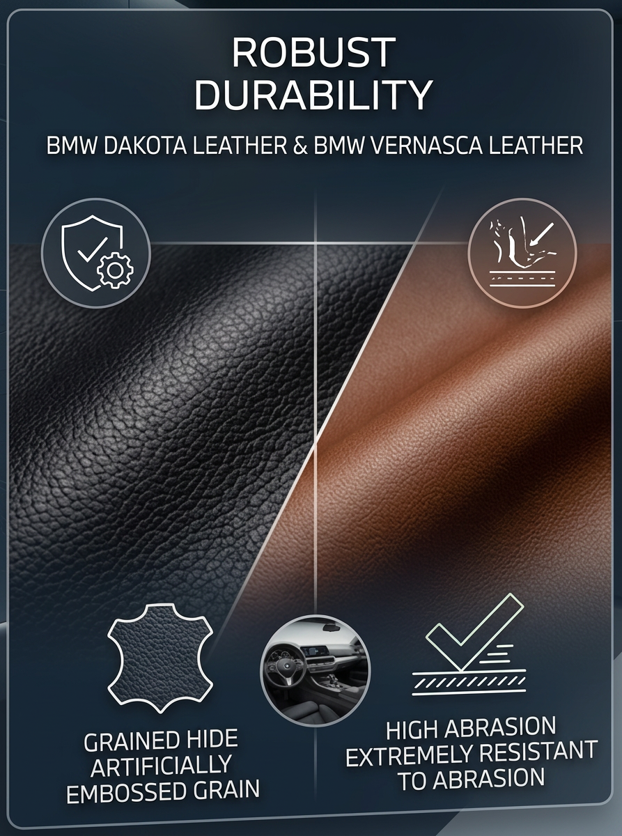 Durable BMW Dakota leather and Vernasca leather showing embossed grain and high abrasion resistance.
