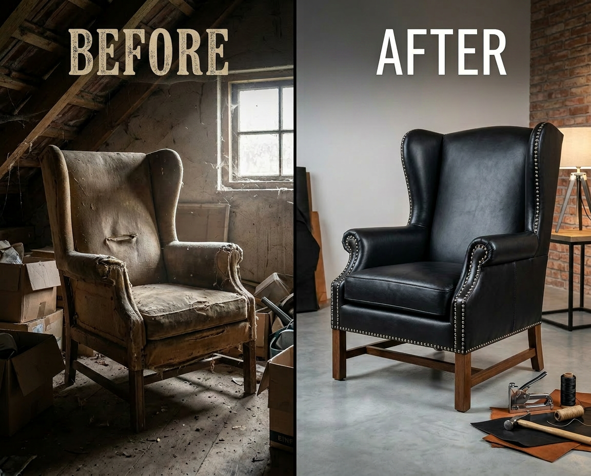 Before and after comparison of a wingback armchair restoration using black genuine leather and studs.