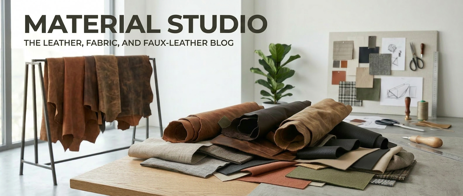 Materialius – The Blog for Leather, Fabric & Faux Leather Materialius blog header with leather hides, fabric swatches and faux leather in a workshop