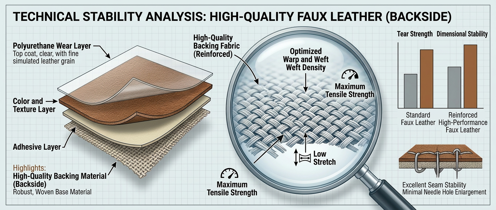 Engineering Excellence: Inside the Layers of Faux Leather 2.0 Technical diagram showing the multi-layer construction of high-performance faux leather including reinforced backing and top coat layers.