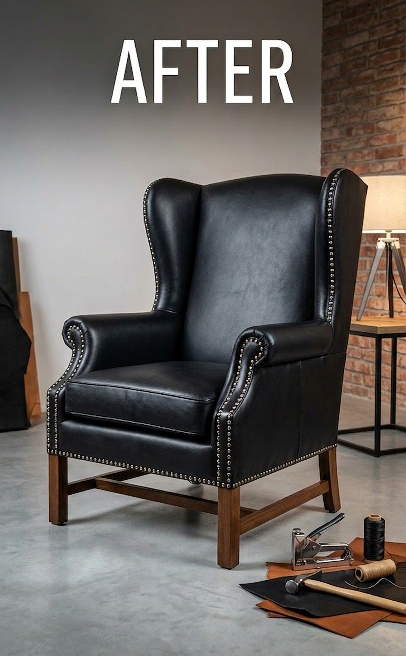 High-quality black leather armchair after professional restoration and reupholstery with decorative studs.