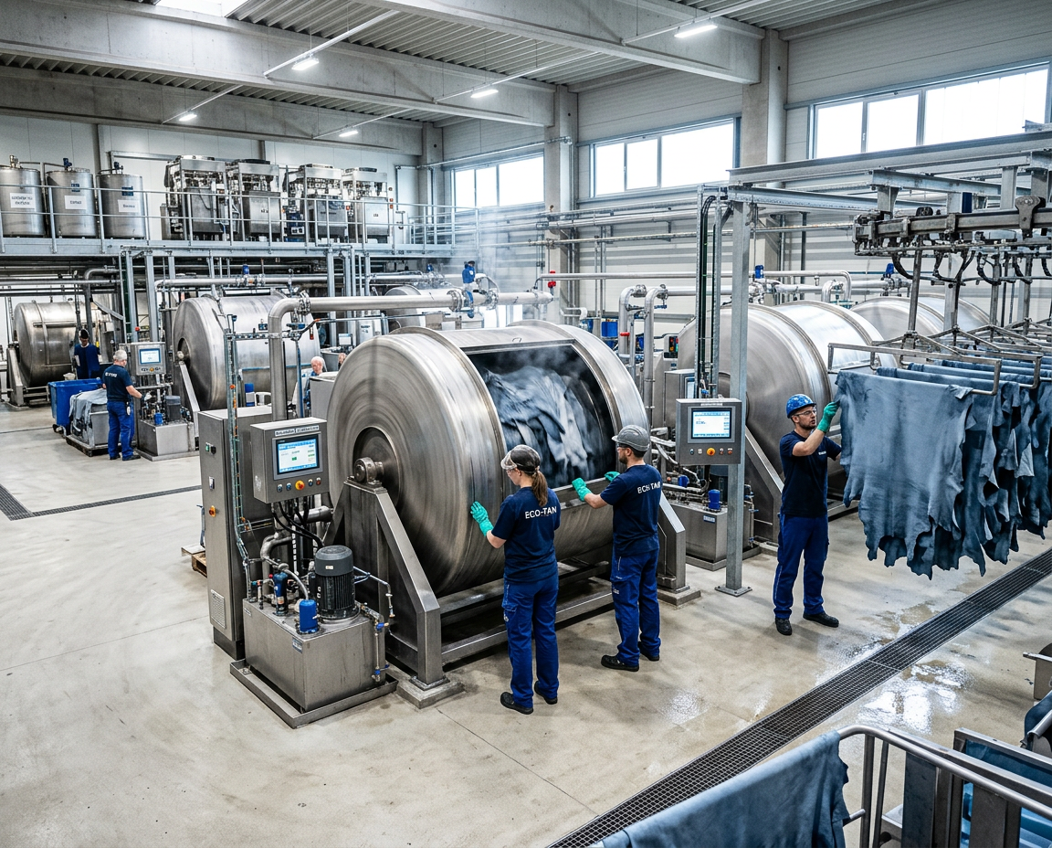 Sustainable Leather Production: Inside a modern eco-friendly tannery focused on high-quality and green manufacturing. Modern eco-friendly leather tannery using sustainable tanning methods and advanced industrial machinery.