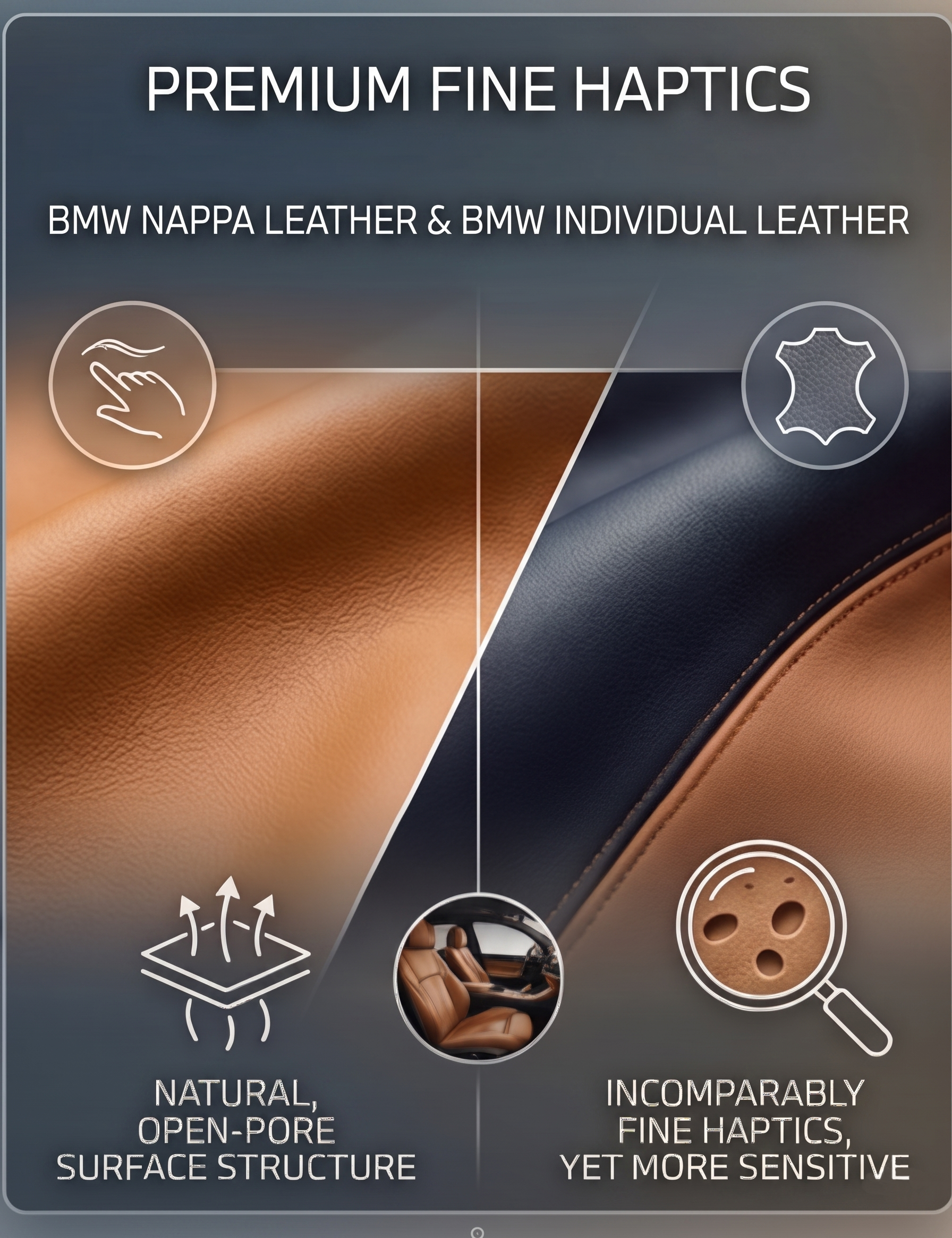Premium BMW Nappa leather and Individual leather showing natural, open-pore surface structure for fine haptics.