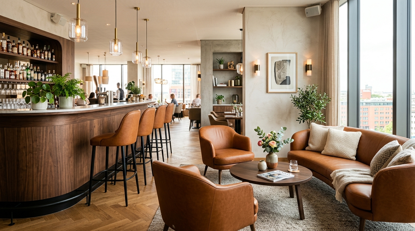 Stylish hotel lounge featuring premium vegan leather upholstery for bar stools and armchairs with high durability.