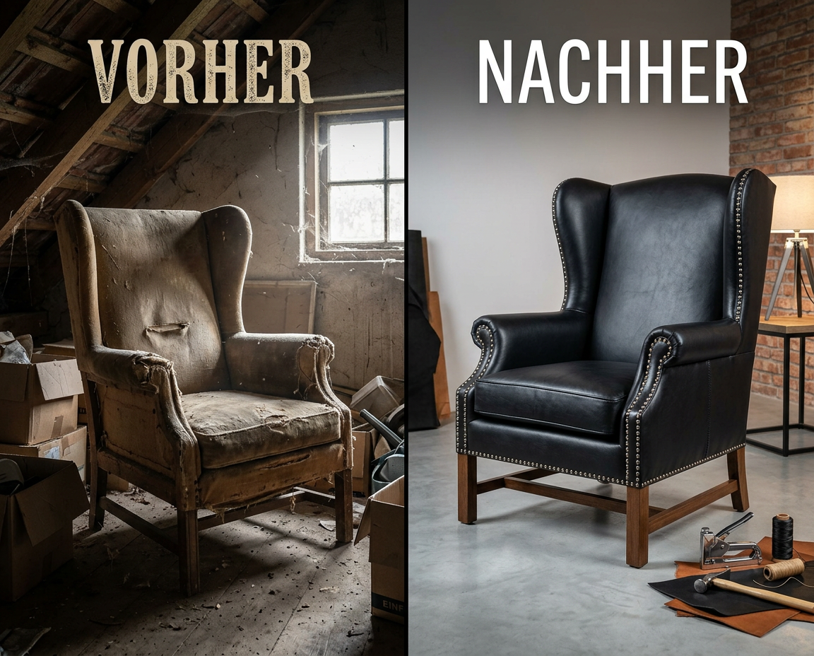 Fachgerechte Restauration eines Ohrensessels: Vom kaputten Stoffbezug zum edlen schwarzen Lederdesign.