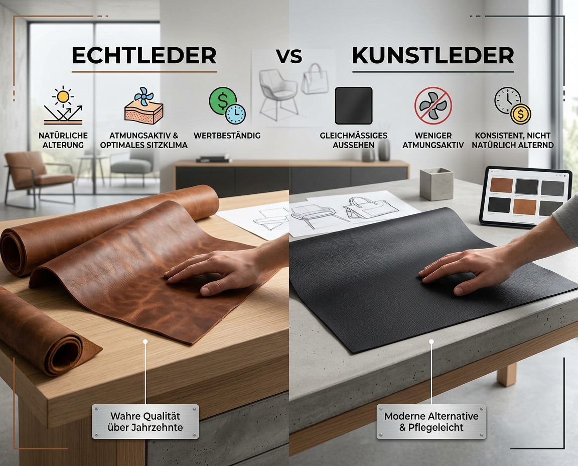 Unterschiede zwischen Polsterleder aus echtem Leder und Kunstleder: Natürliche Alterung vs. gleichmäßiges Design.