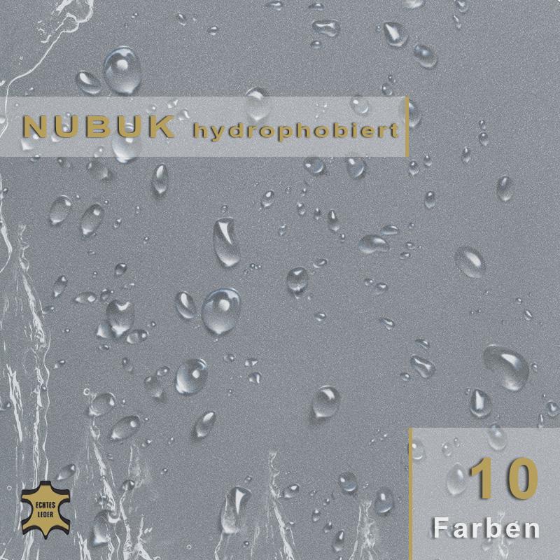 Wasserabweisendes Nubukleder, hydrophobiert für maximale Beständigkeit und samtweiche Haptik bei anspruchsvollen Möbelbezügen.