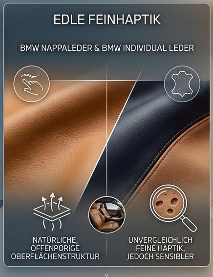 Edle Feinhaptik im Fokus: Natürliche, offenporige Struktur von BMW Nappaleder und Individual Leder bei projektleder.at Unvergleichlich feine Haptik durch echtes BMW Nappaleder und exklusives Individual Leder bei projektleder.at.