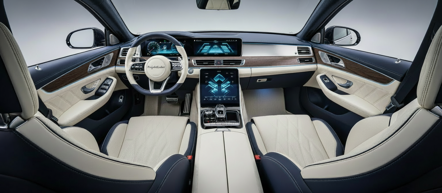 Exklusive Lederfarben im Auto: Bicolor-Innenausstattung aus hochwertigem Leder für Luxus-Interieurs und Design. Vielfältige Lederfarben im Auto: Zweifarbige Innenausstattung aus Premium-Autoleder für individuelles Design.