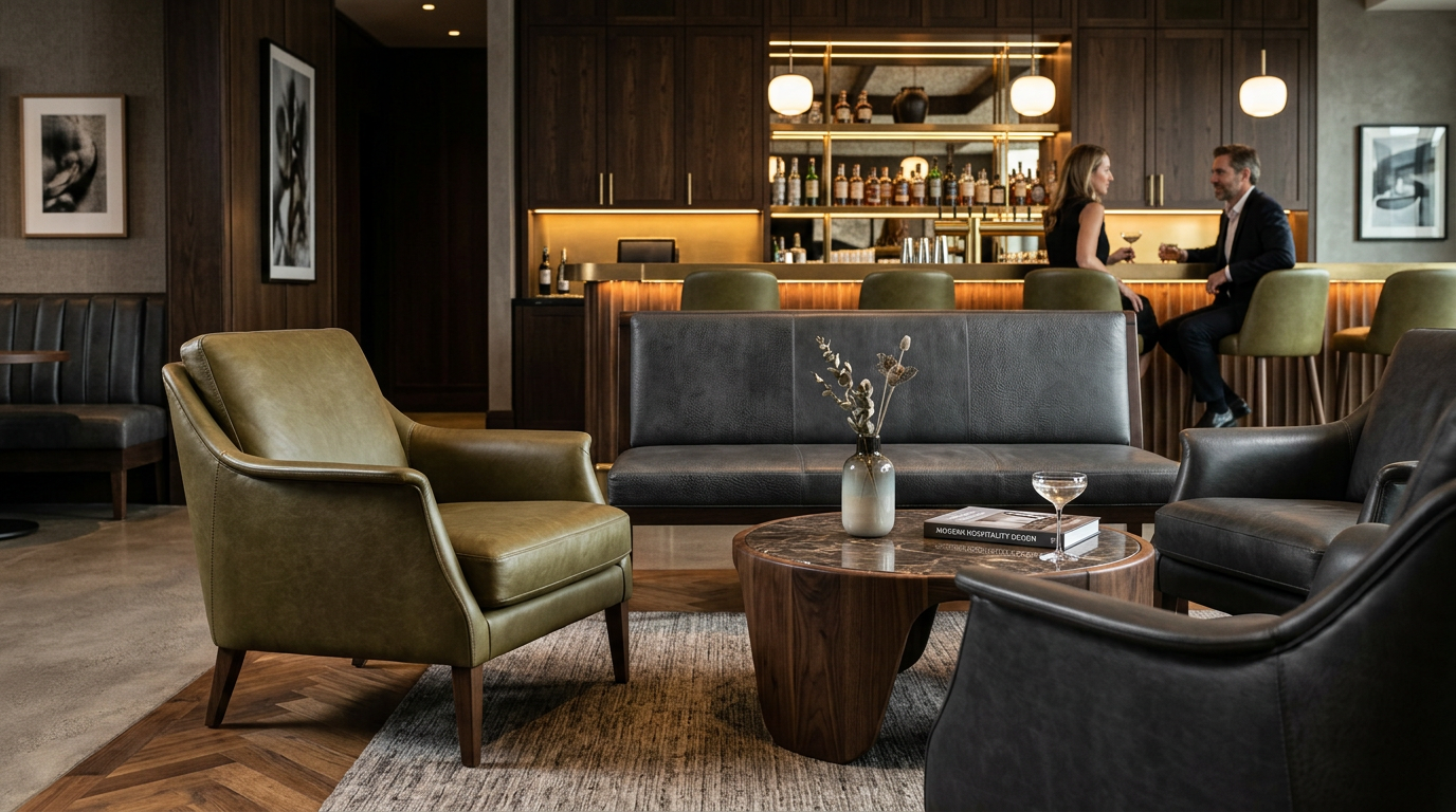 Premium Leder fuer exklusive Hoteleinrichtungen Exklusive Hoteleinrichtung mit maßgefertigten Polstersesseln und Sofas aus robustem Echtleder im modernen Design