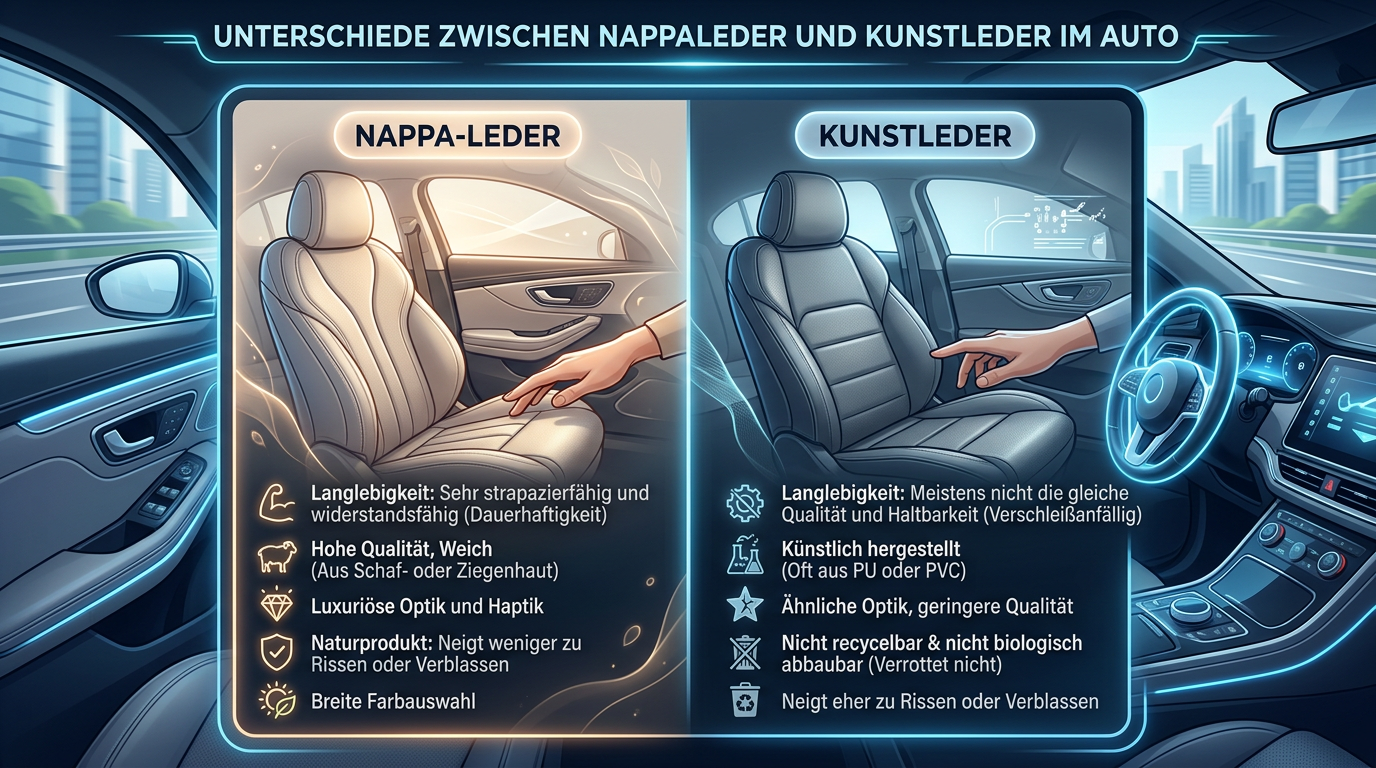 Autoleder Vergleich: Warum Nappaleder als Naturprodukt langlebiger ist als Kunstleder – Tipps zu Lederfarben. Unterschiede kopfgefärbtes Nappaleder und Kunstleder. Langlebiges Naturprodukt für hochwertige Auto-Innenausstattungen.