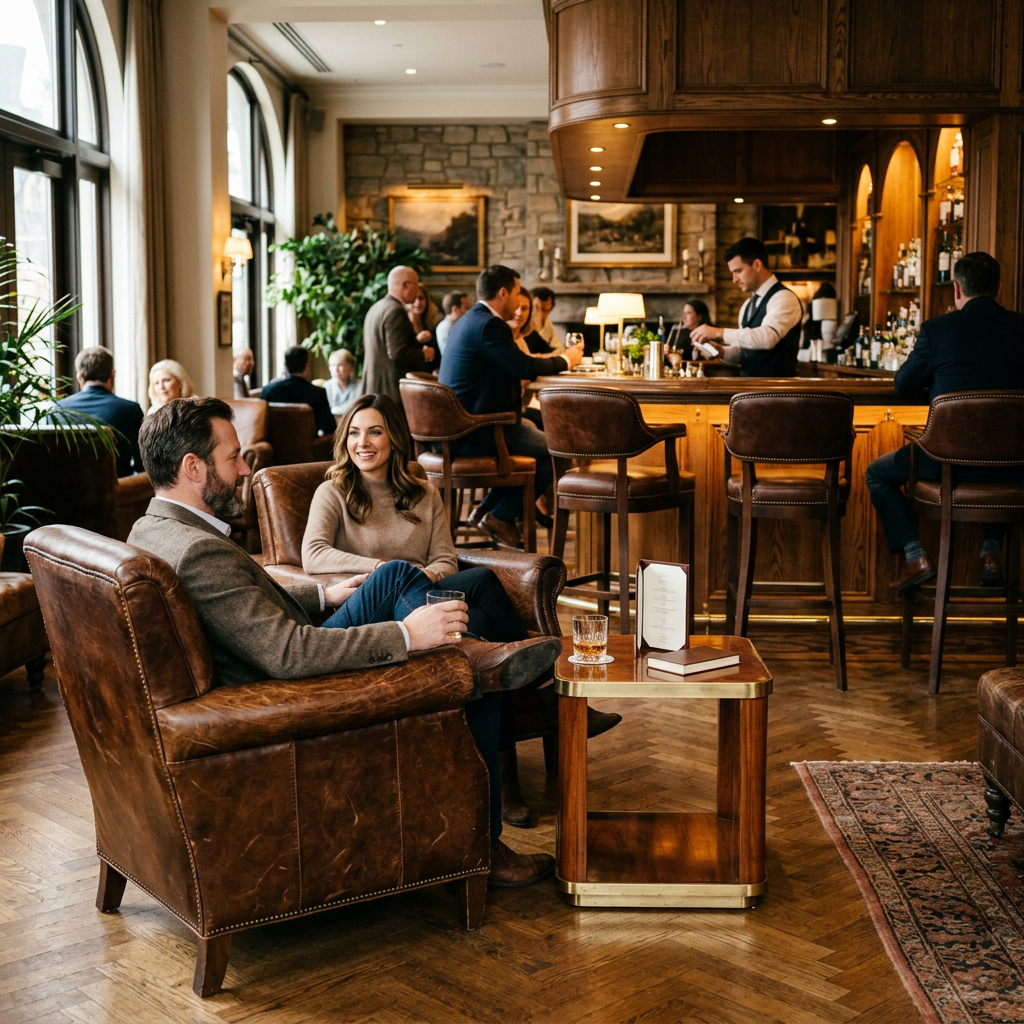 Premium Objektleder fuer Hotelbar und Lobby Traditionelle Hotelbar mit hochwertig gepolsterten Eichenbarhockern und Ledersesseln im klassischen Gastgewerbe Interieur
