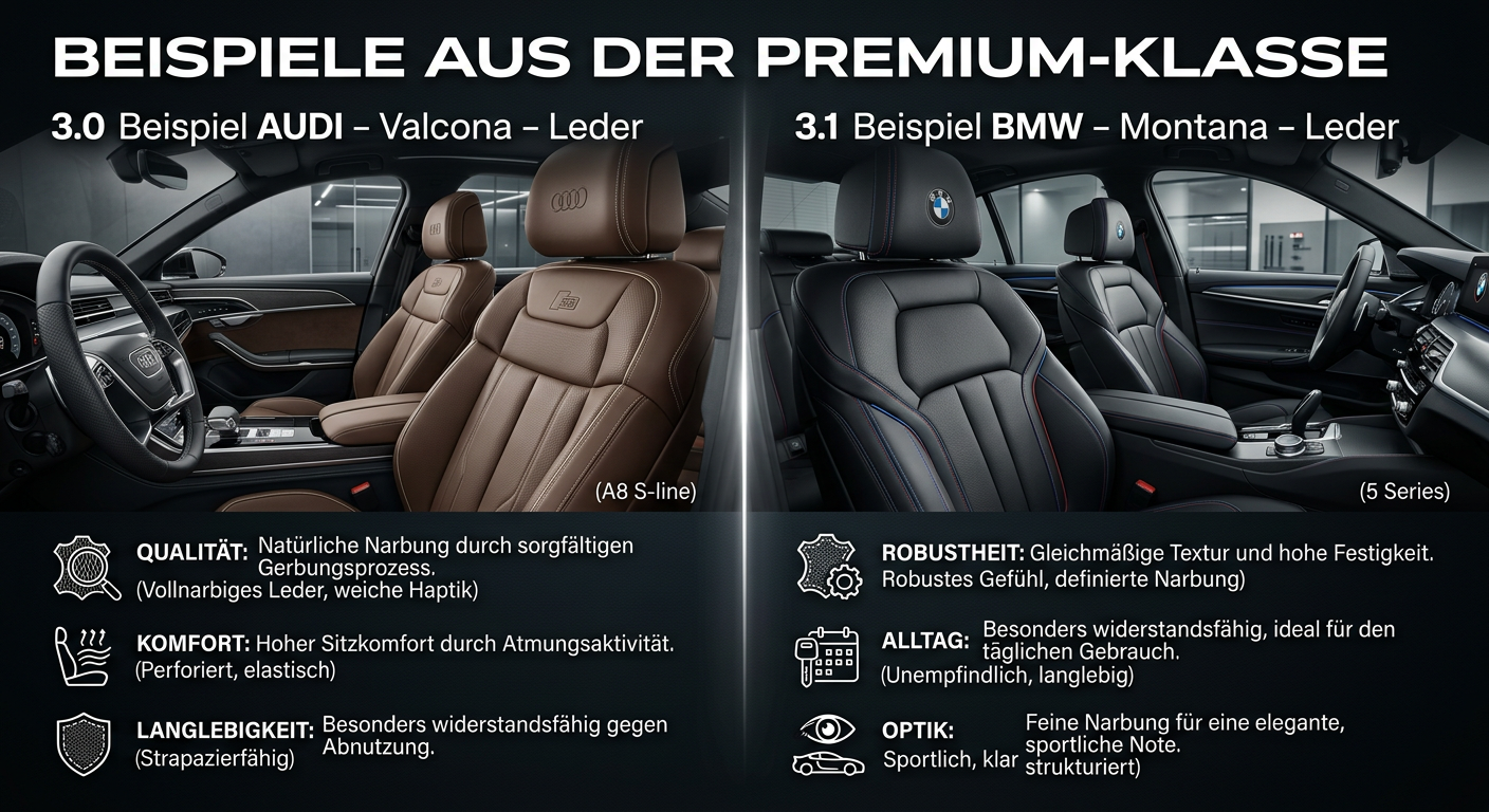 Luxuriöse Leder-Inspirationen: Beispiele für edles Audi, Porsche, Mercedes und BMW Leder im Fahrzeug-Interieur. Hochwertige Designbeispiele für Fahrzeugsitze: Inspirationen aus Audi, Porsche, Mercedes und BMW Leder.