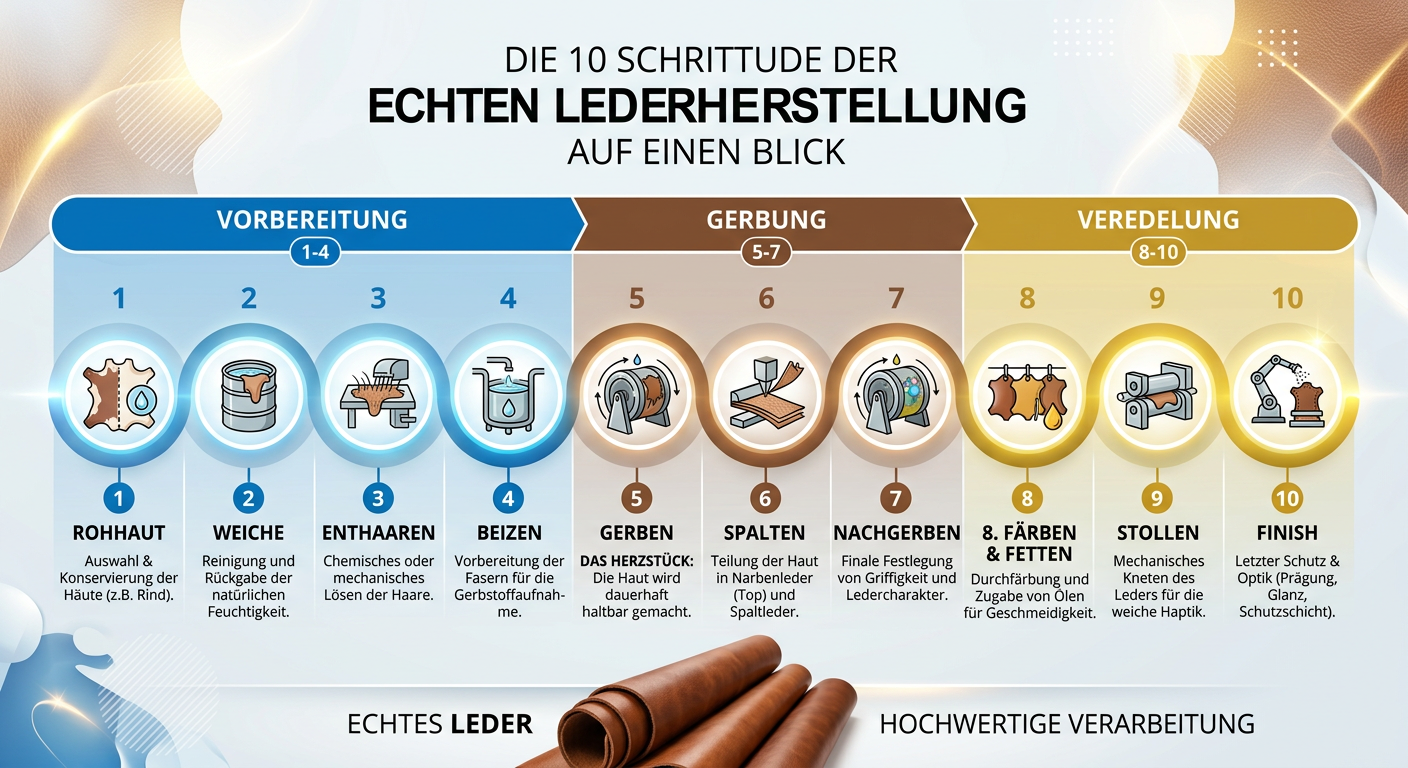 Prozess der Lederproduktion: Übersicht der 10 Phasen der Veredelung von hochwertigem Echtleder.