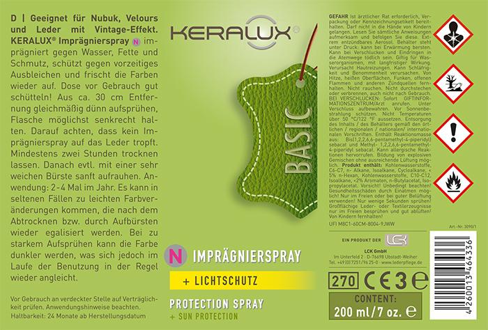 Pflegehinweise auf der Packung des KERALUX Sets N für die Reinigung und Imprägnierung von Rau- und Nubukleder.