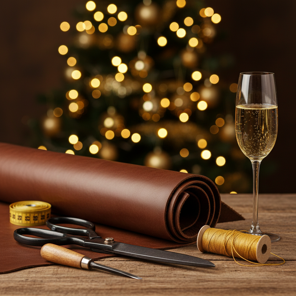 Lederverarbeitung zu Weihnachten: Rolle braunes Leder, Schere, Garn und Maßband auf einem rustikalen Holztisch. Ein Glas Champagner im Vordergrund. Weihnachtsbaum mit goldenen Lichtern im Hintergrund.