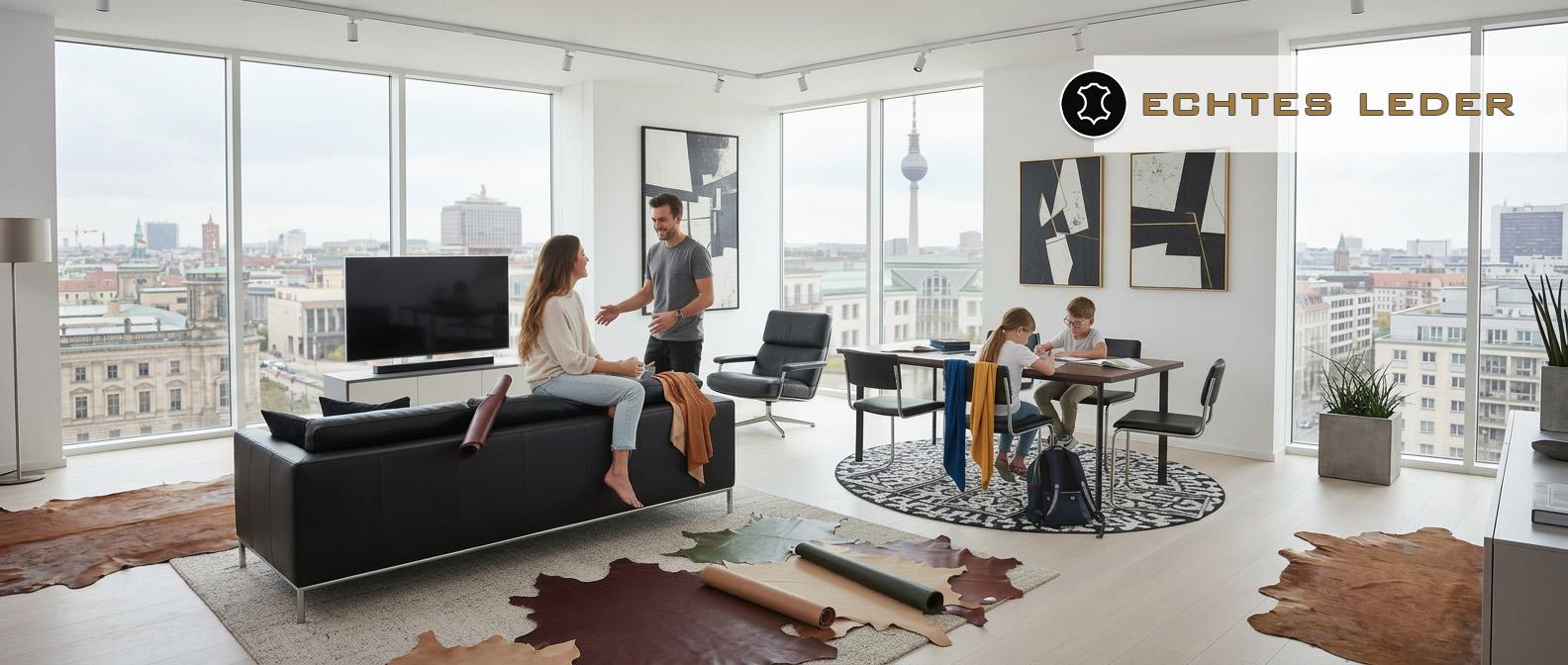 Eine Familie wählt in einem modernen Wohnzimmer verschiedene Echtlederhäute für ein gemeinsames Polsterprojekt aus.