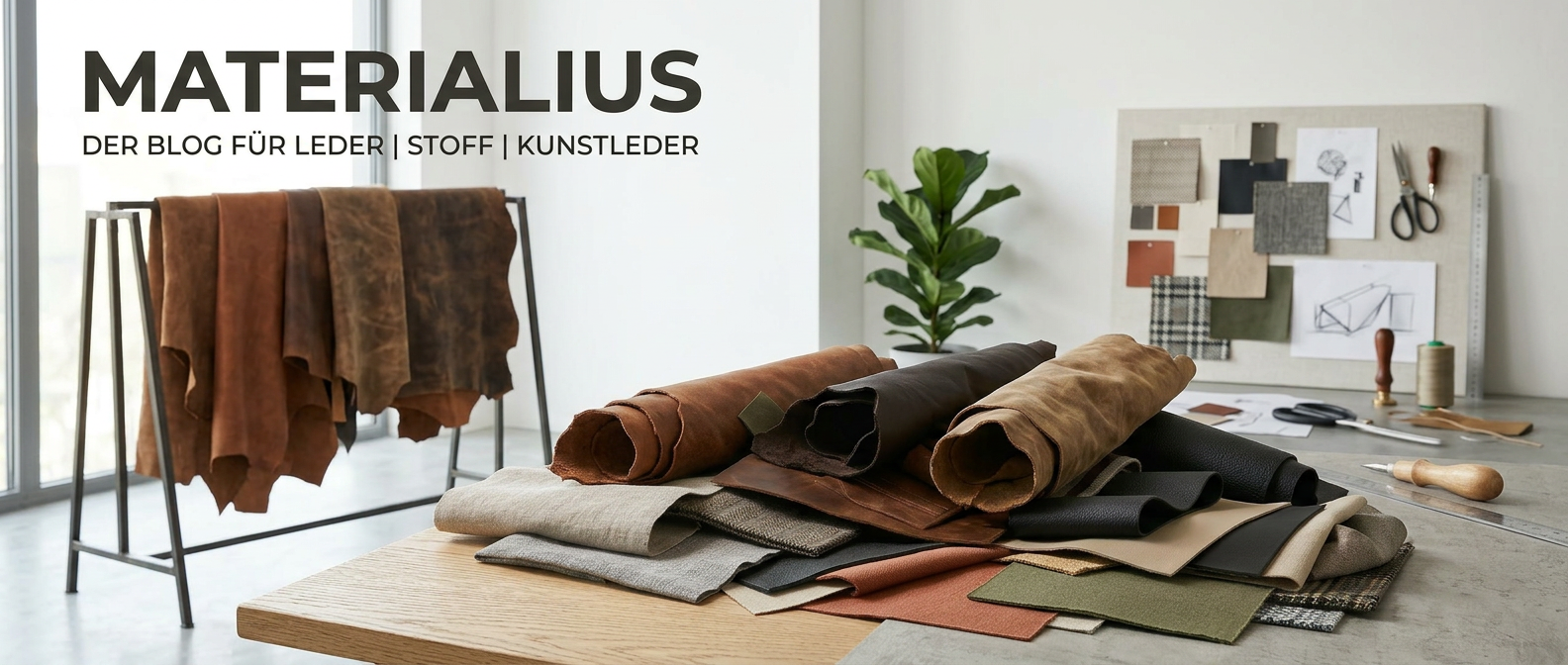 Materialius Blog-Header mit Lederhäuten, Stoffen und Kunstleder im Atelier