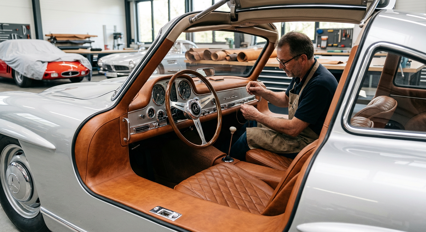 Sattler Polsterer restauriert Sitze im Daimler Benz Oldtimer mit echtem, kopfgefärbtem Leder für Classic Cars.