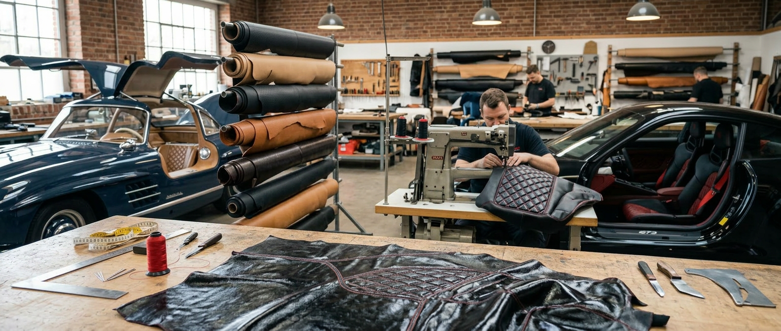 Präzise Näharbeiten an individuell sondergefertigtem Leder in einer österreichischen Leder-Manufaktur für Klassiker und Sportwagen.