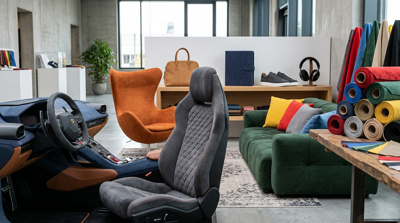 Individuelle Alcantara Lösungen und Produktbeispiele Verschiedene Produkte aus Alcantara-Stoffen, inklusive Farbmuster-Rollen und veredelten Oberflächen für Handwerksprojekte.