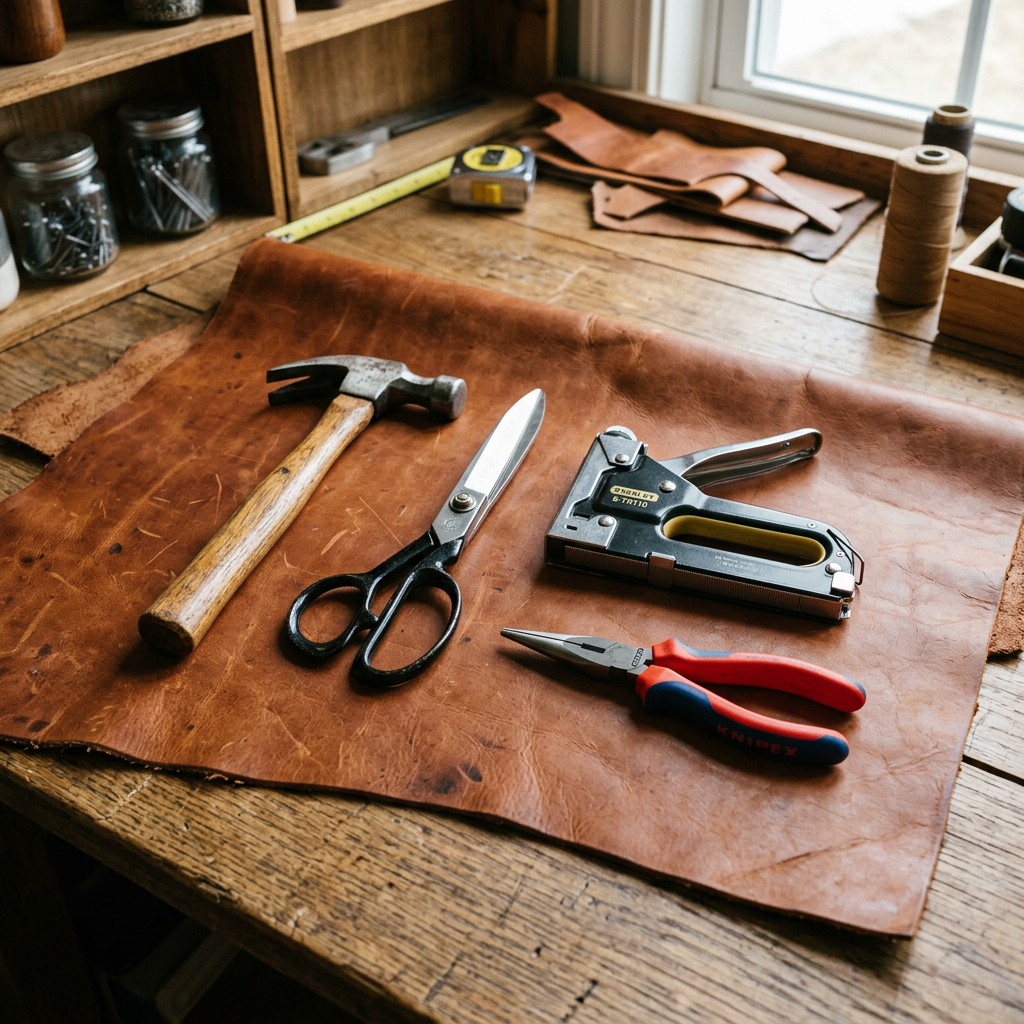 Werkzeug zur Lederverarbeitung: Alles für die professionelle Polsterung und Reparatur von Ledermöbeln und Sätteln. Handwerkzeuge zur Lederverarbeitung für Polsterer und Sattler: Hammer, Schere und Zange auf einem Lederzuschnitt.