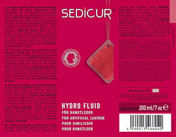 Anwendungstipps auf der SEDICUR Lederimitat-Pflege zur hygienischen Säuberung und langanhaltenden Versiegelung moderner Kunstleder.