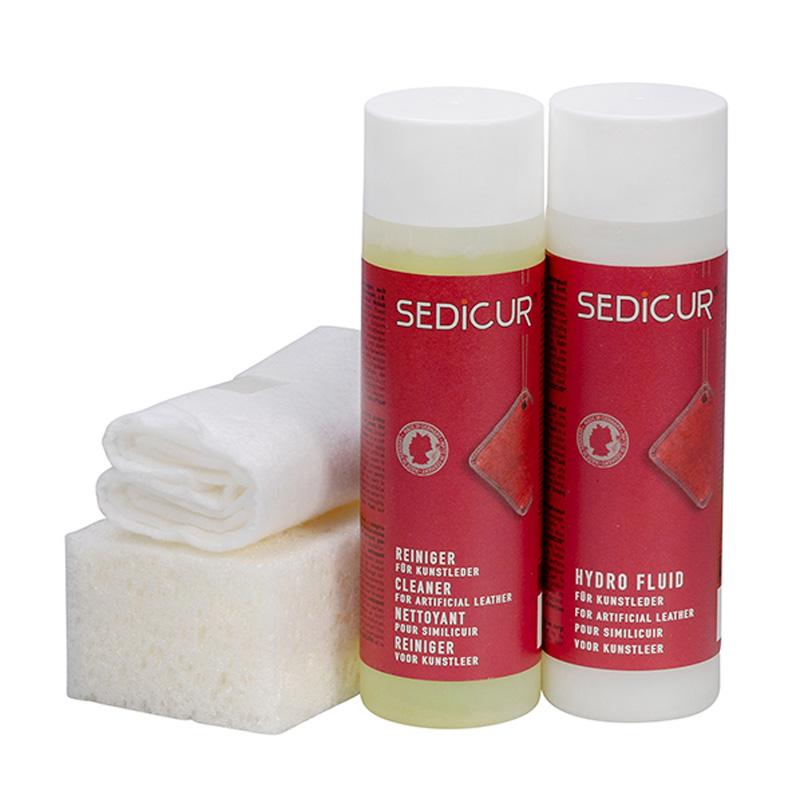 SEDICUR Set – Professionelle Kunstleder-Reinigung und langanhaltender Oberflächenschutz. SEDICUR Lederimitat Pflege Set für die gründliche Reinigung und langlebige Versiegelung von Kunstleder und modernen Polstermöbeln.