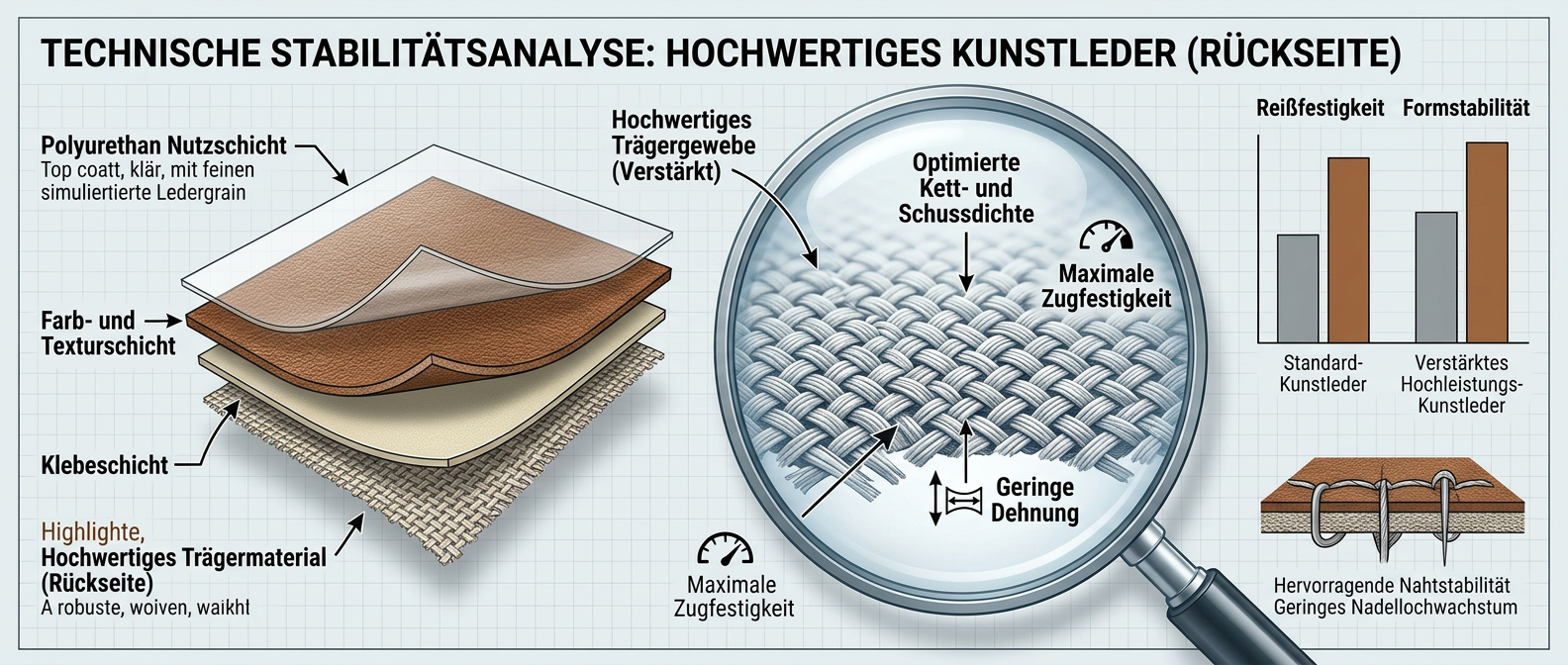 Hochwertiges Kunstleder 2.0 – Die technische Basis für langlebige Polsterkunstleder und veganes Leder in Österreich. Polsterkunstleder Meterware im Check: Optimiertes Trägergewebe für höchste Scheuertouren und Nahtstabilität bei Polstern.