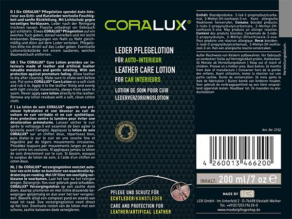 Detailaufnahme der Anwendungshinweise auf dem CORALUX Lederpflege-Set für die korrekte Reinigung und Pflege von Autoleder.