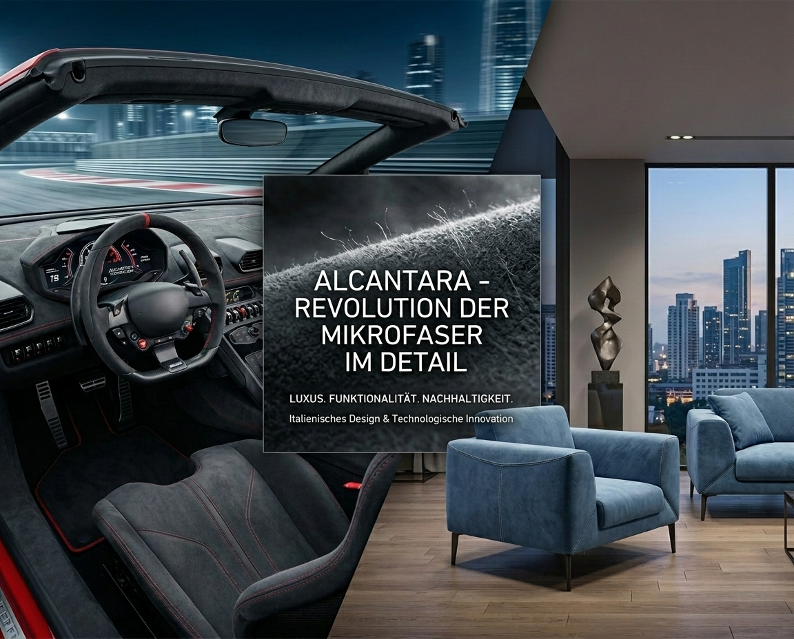 Headergrafik für den Alcantara-Guide mit Fokus auf italienisches Design, textile Innovation und die Symbiose aus Funktionalität und Ästhetik.