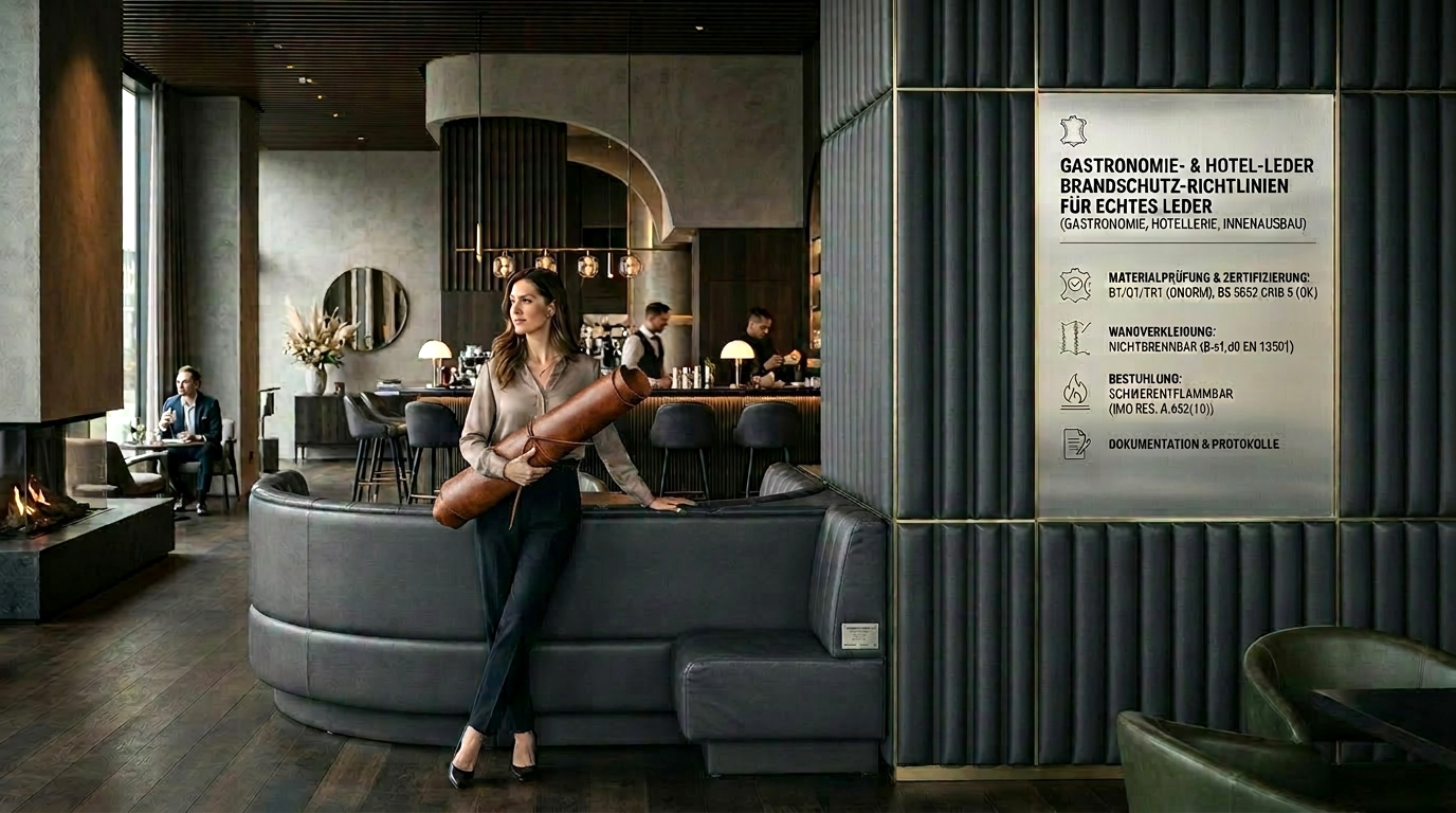 Geprueftes Objektleder nach oesterreichischen Brandschutznormen Luxurioese Restaurant Lounge mit zertifizierten Wandverkleidungen aus Leder gemaess OENORM B 3825 Brandschutz