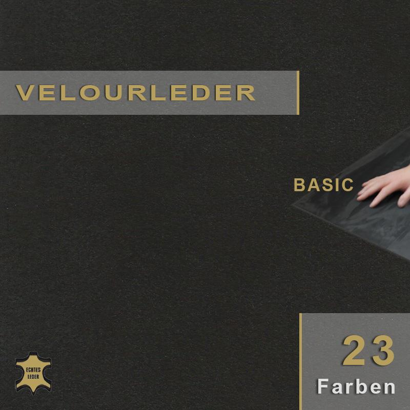 Echtes Velourleder BASIC als preiswertes Rauleder für Bastelarbeiten, Bekleidung und einfache Polsteranwendungen im Handwerk.