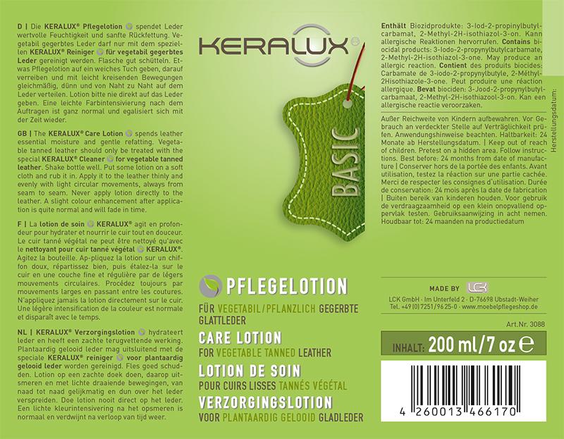 Aufdruck der Anwendungshinweise auf dem KERALUX Set für vegetabiles Leder zur natürlichen Pflege pflanzlich gegerbter Leder.