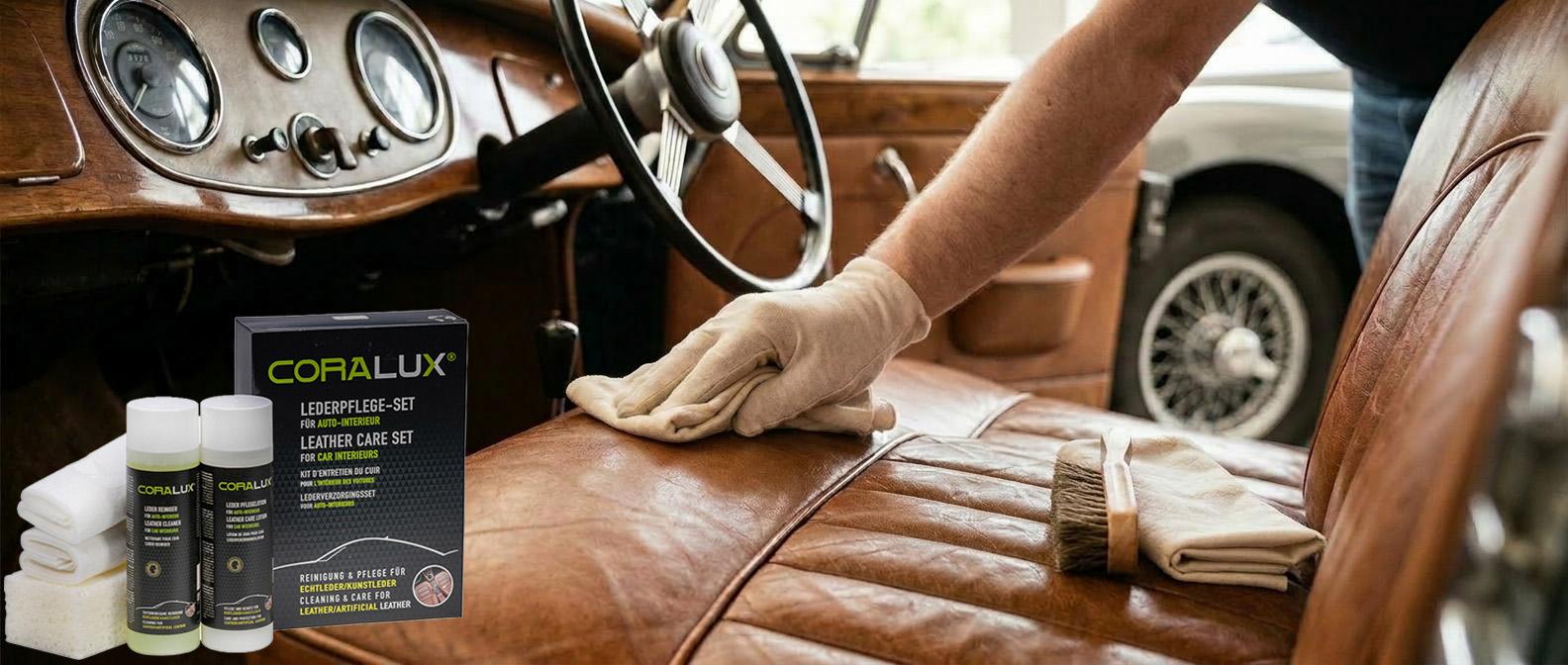 Classic Cars Oldtimerleder pflegen: Professionelle Reinigung für kopfgefärbtes Leder mit CORALUX Pflegeprodukten. Reinigung von Oldtimerleder in Classic Cars mit CORALUX – Pflege für echtes, kopfgefärbtes Leder im Daimler-Benz.