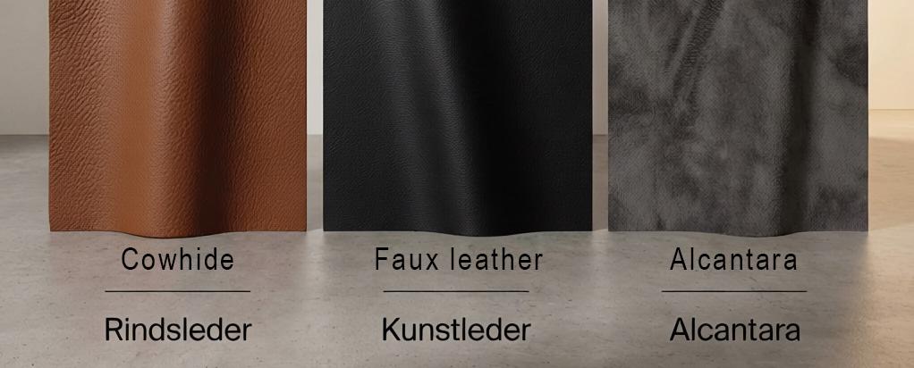 Vergleich von Rindsleder, Kunstleder und Alcantara für Polsterarbeiten und hochwertigen Möbelbau.