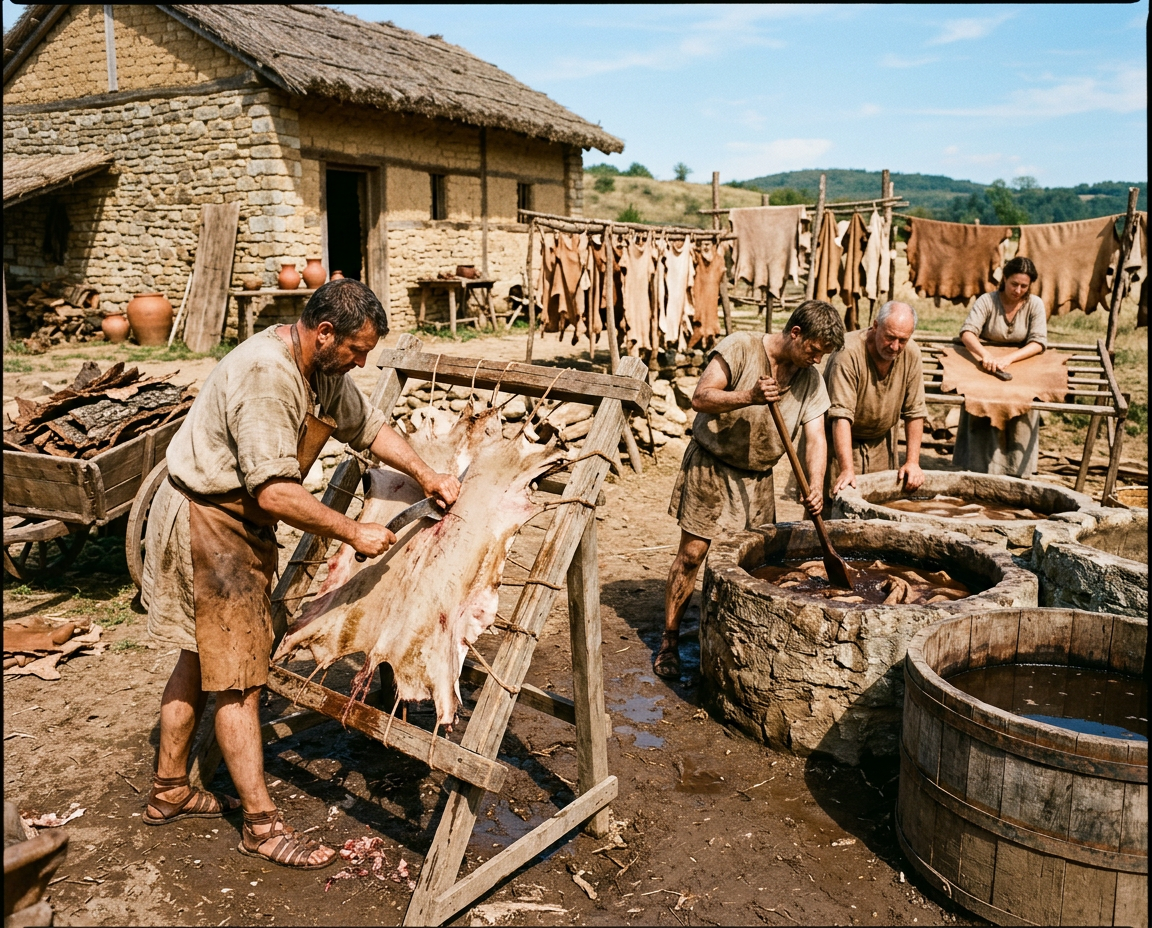 Traditionelle Ledergerbung in der Antike: Bearbeitung von Tierhäuten am Rahmen und Trocknung im Freien.