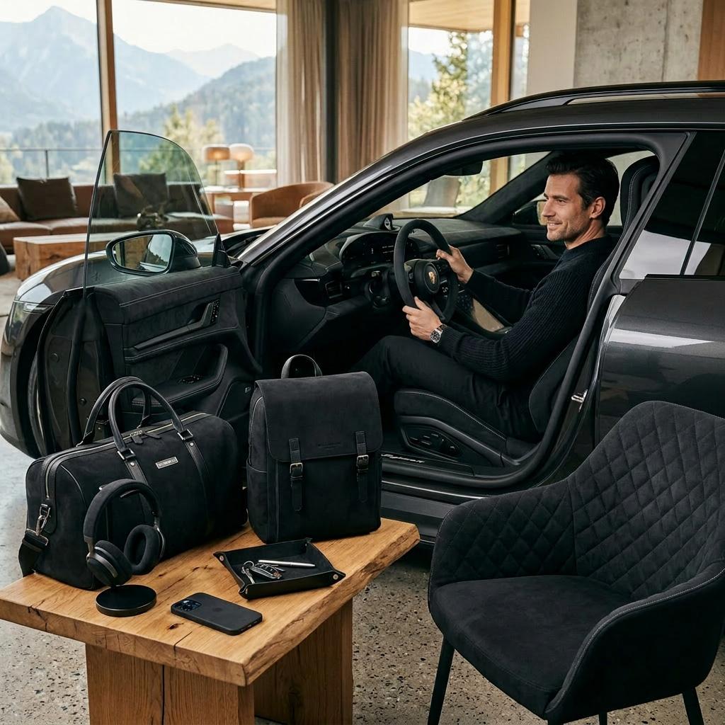 Premium sports car interior featuring Alcantara SOFT steering wheel with matching luxury travel bags and quilted armchair