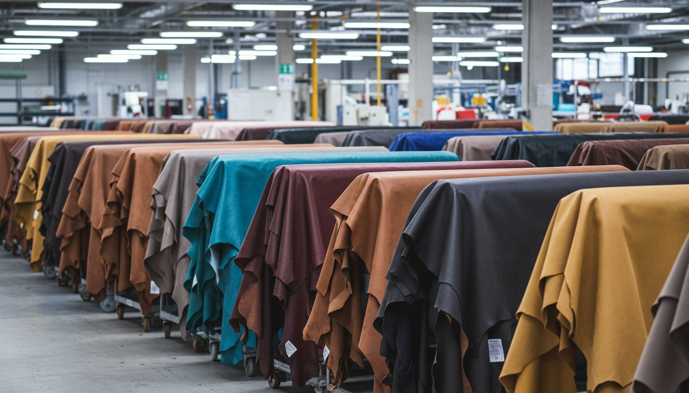 Modernes Lederlager mit einer großen Auswahl an farbigen Echtleder-Häuten für die Polstermöbel-Industrie.