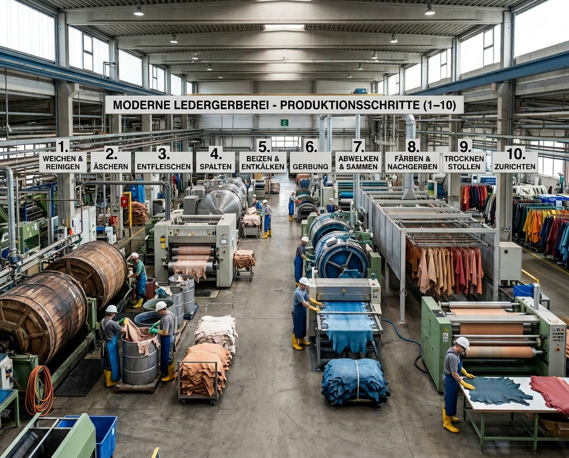 Moderne Ledergerberei: Alle Arbeitsschritte der Echtleder-Produktion von der Rohhaut bis zum fertigen Produkt. Einblick in eine moderne Ledergerberei: Verschiedene Arbeitsschritte der Herstellung von hochwertigem Echtleder.